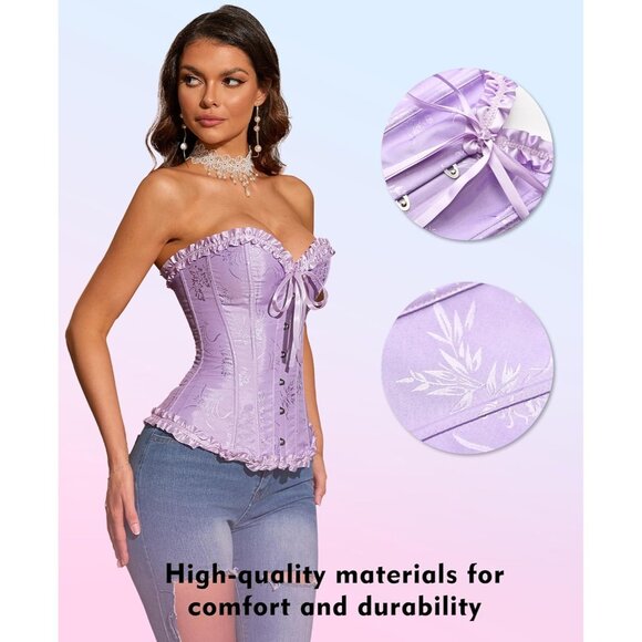 Women's Frost Purple Corset Tops Bustier Lingerie Lace Waist Push Up Bodysuit - Picture 3 of 8